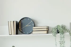 bookshelf with clock and plant