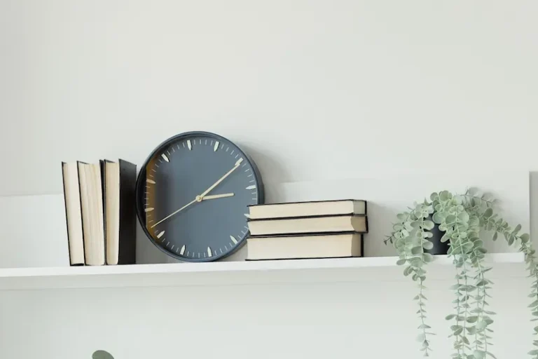 bookshelf with clock and plant