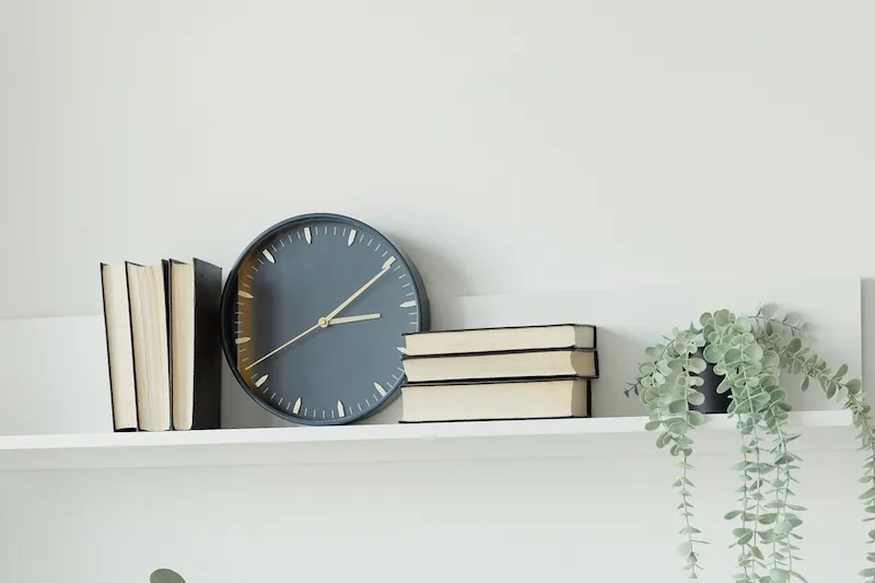 bookshelf with clock and plant