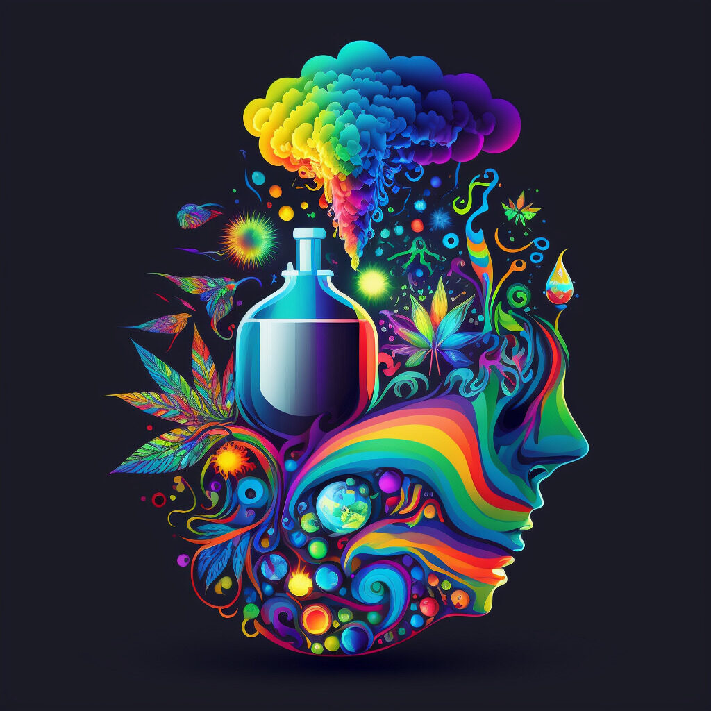 illustration in bright colours of persons face in profile made up of other elements like a bottle, cloud, planets