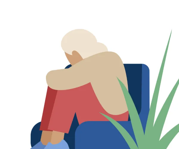 illustration of person hugging knees to chest in therapist chair