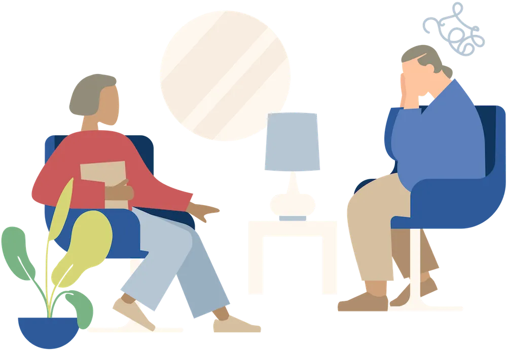 illustration of person in therapy office with tangled line above head