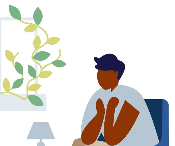 illustration of person sitting in therapist office with green leafy plant behind