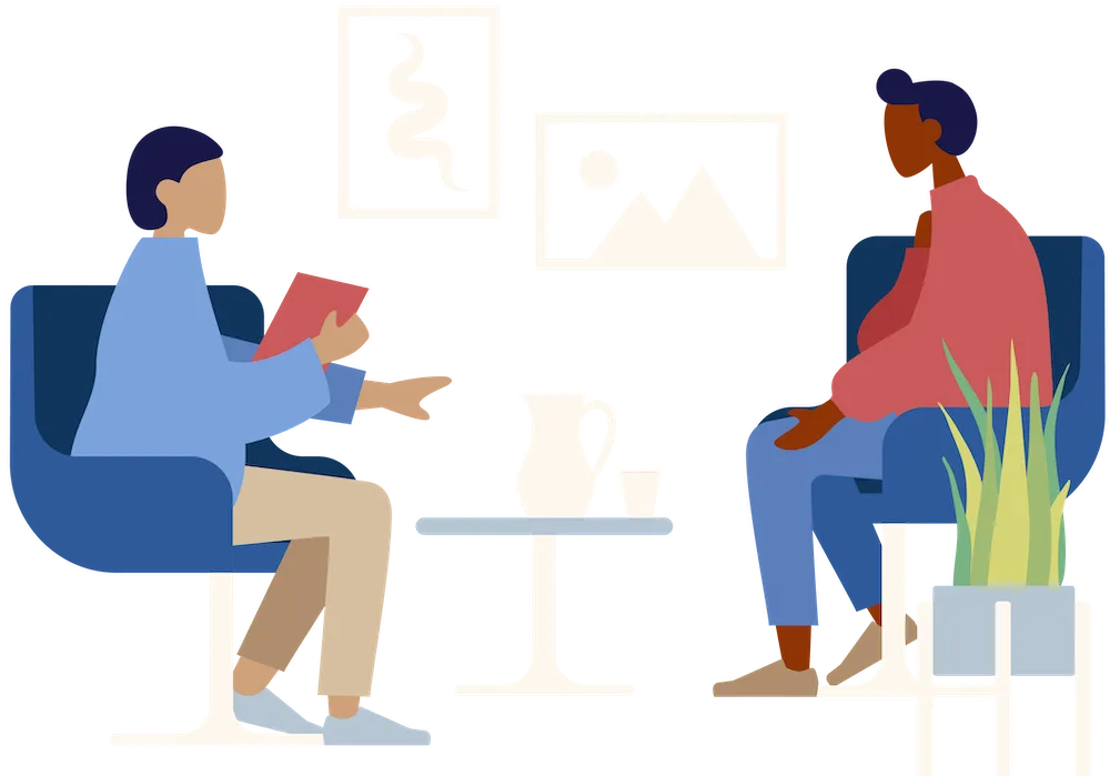 illustration of therapist and client in office with plant