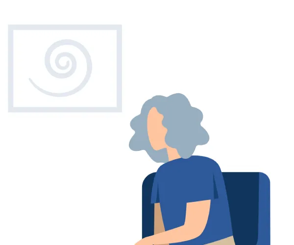 illustration of woman sitting in therapy office with image on the wall of a spiral