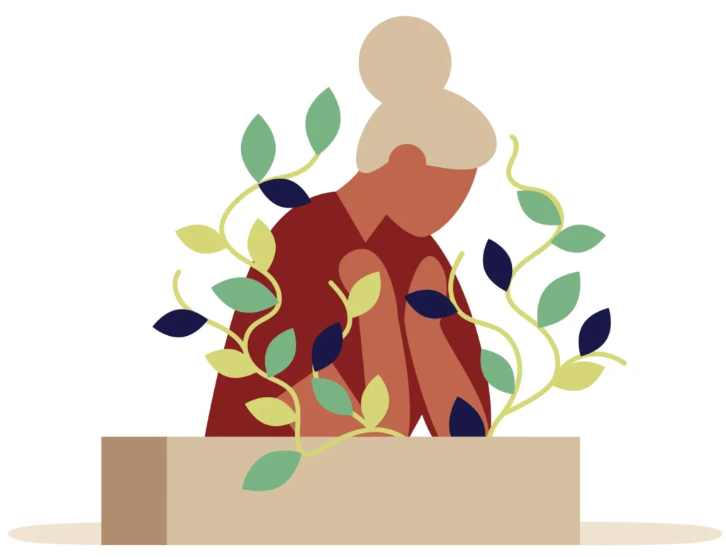 illustration of woman with plants growing around her