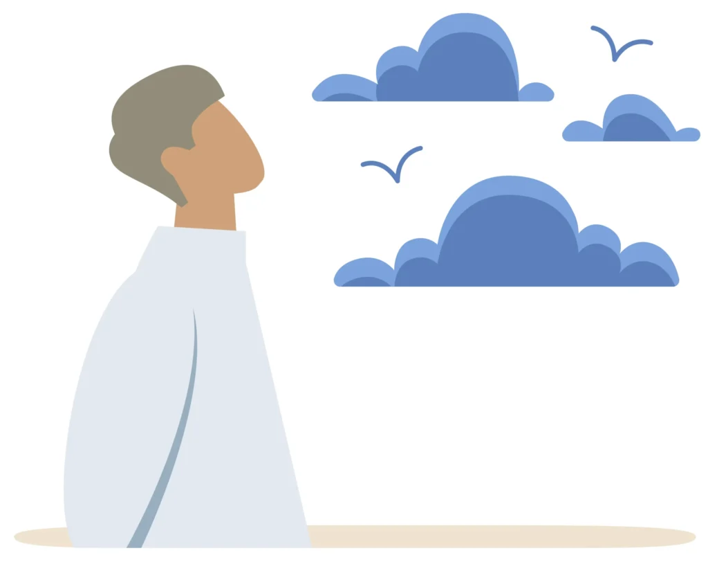 illustration of man looking out at clouds and birds