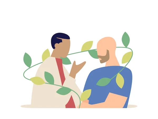 illustration of couple talking while surrounded by plant vine