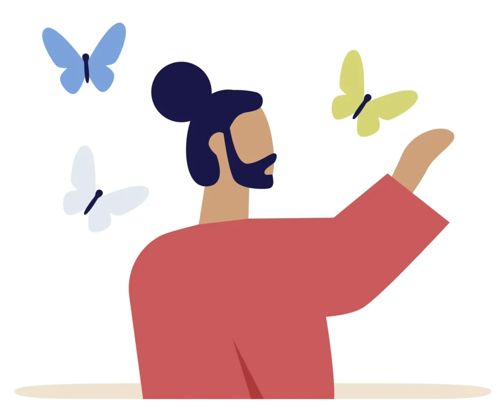 illustration of man reaching out to butterflies