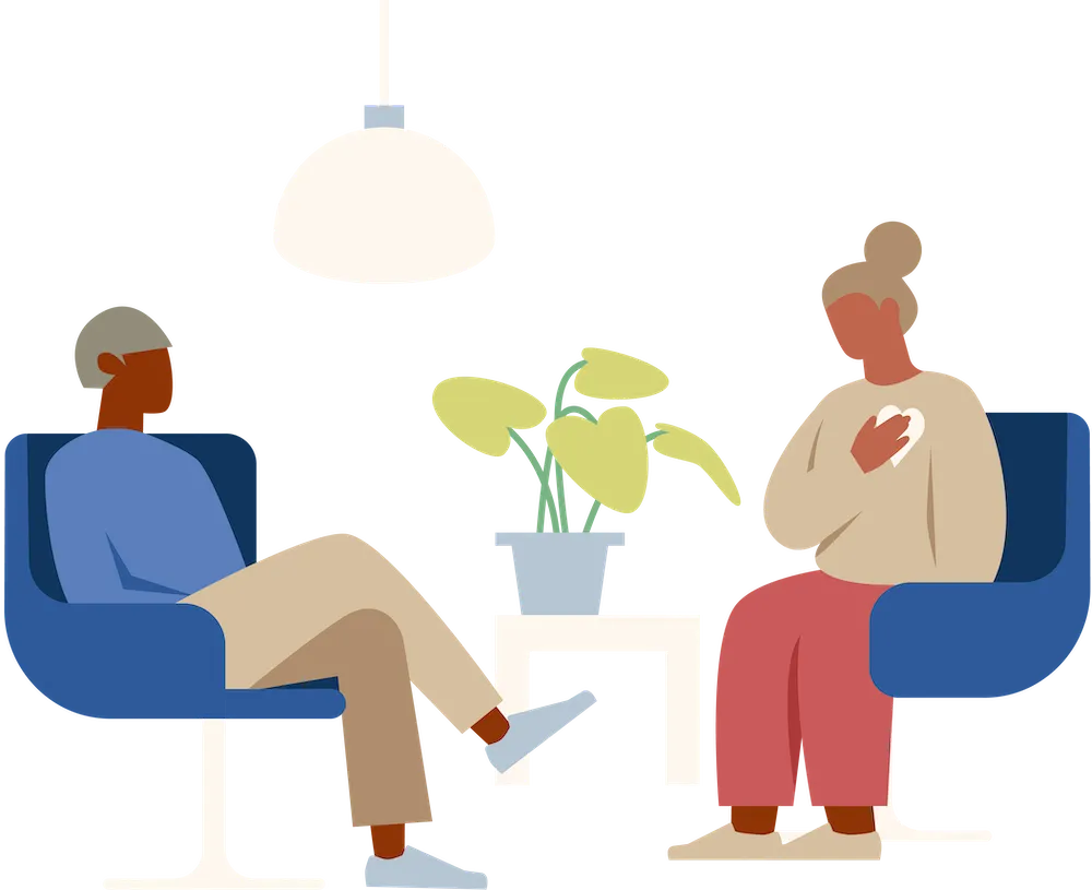 illustration of woman in therapy session with hand over heart
