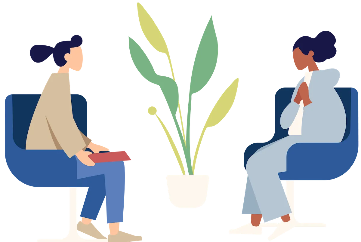 illustration of woman in therapy session with hands together on chest