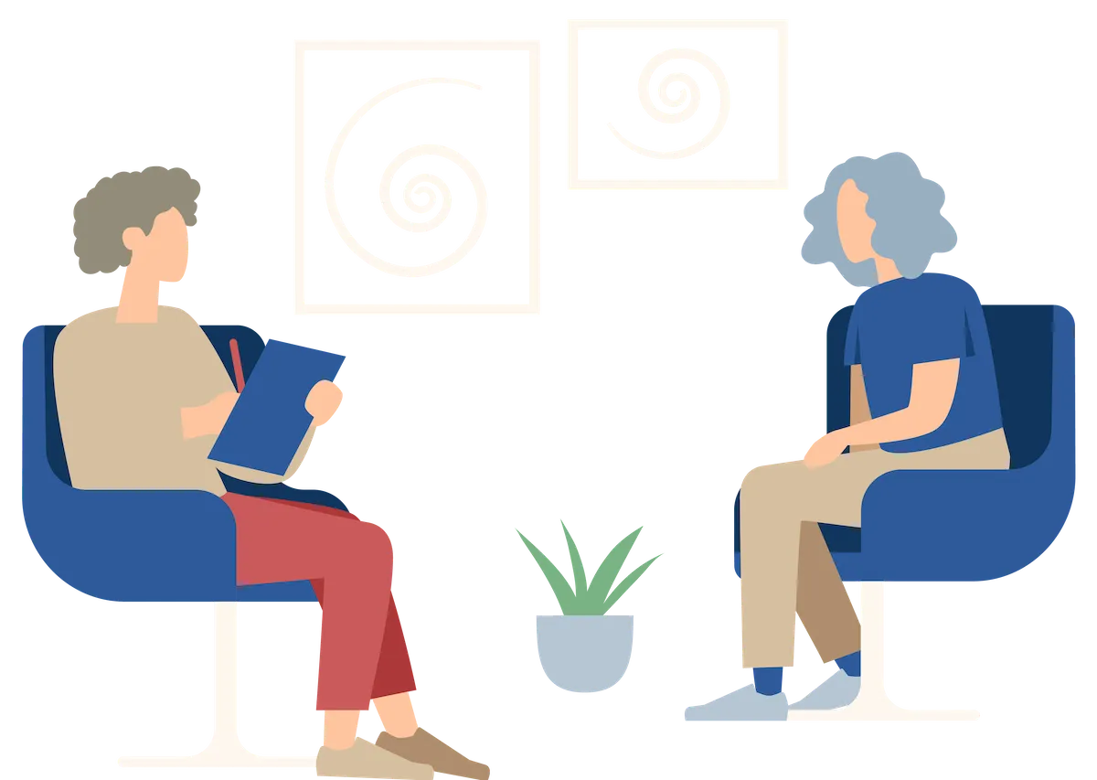 illustration of woman in therapy session with spiral pictures behind on wall