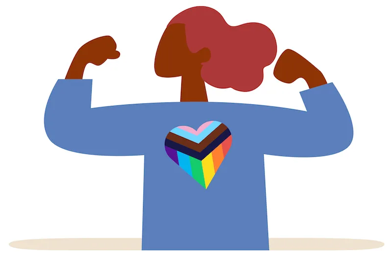 illustration of woman showing strength with arms wearing progress flag on shirt