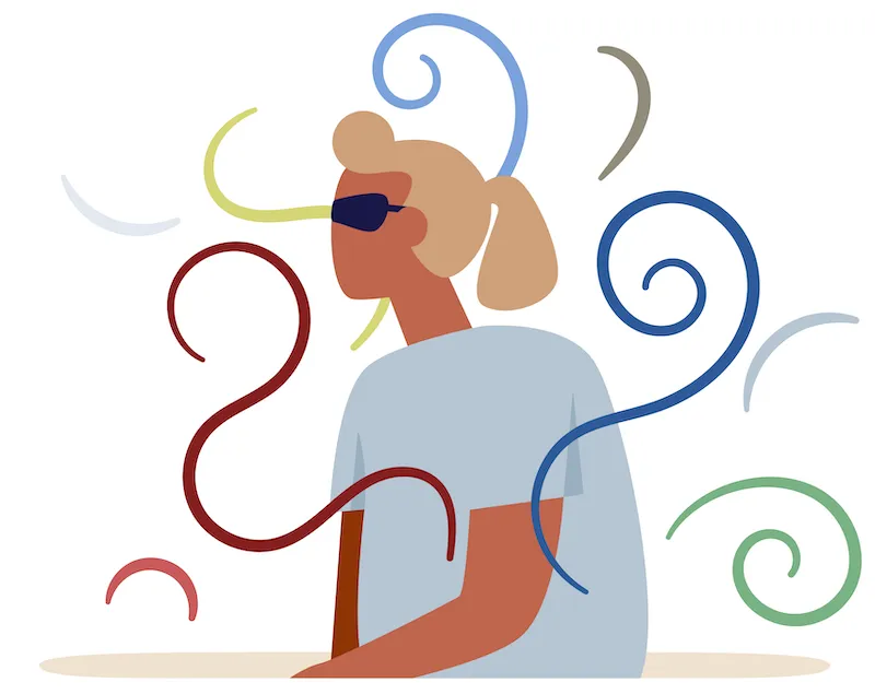 illustration of woman with sunglasses and curved colourful lines around her