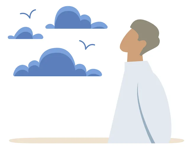 illustration of man looking up at birds and clouds