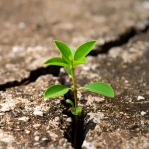 small seedling growing through crack in concrete
